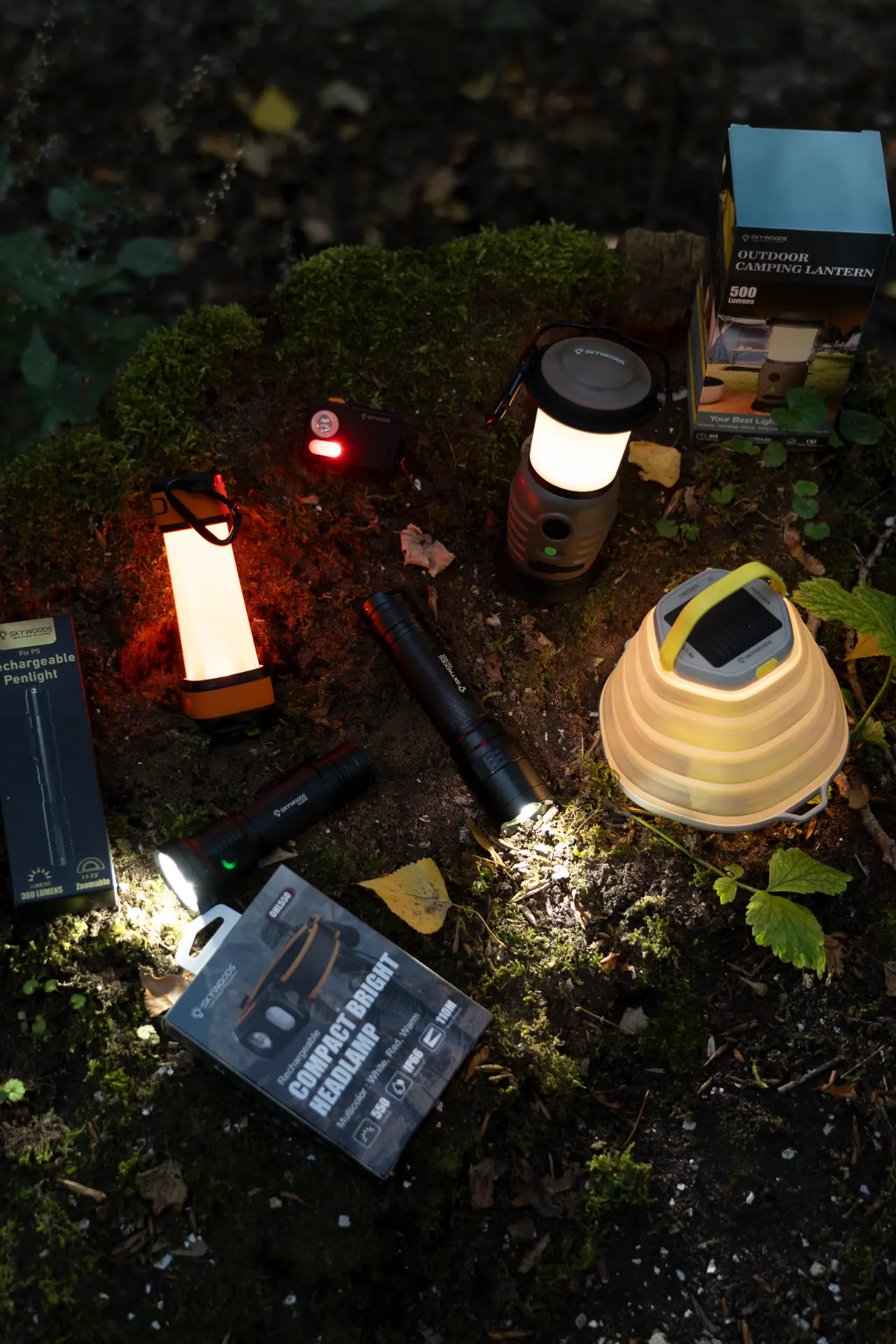 Skywoods outdoor lighting range lit up in the forest at dusk